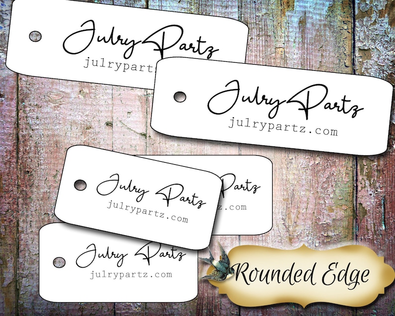 May include: Four white gift tags with rounded edges and a hole punched in the top left corner. Each tag features the text "Julry Parts" in a handwritten font with the website address "julrypartz.com" printed below. The bottom tag also includes the text "Rounded Edge" in a handwritten font.