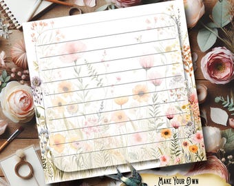 Peut inclure: Un modèle de bloc-notes imprimable avec un motif floral aquarelle avec des fleurs roses, jaunes et blanches sur un fond blanc. Le texte "Make Your Own Note Pad" est en bas de la page.