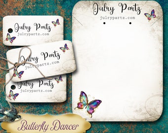 Peut inclure: Trois étiquettes cadeaux blanches avec un motif de papillon et le texte "Julry Partz" et "julrypartz.com". Une plus grande étiquette blanche avec un motif de papillon et le texte "Julry Partz" et "julrypartz.com". Le texte "Butterfly Dancer" est en bas de l'image.