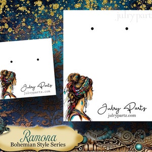RAMONA Estilo bohemio • Diseño personalizado • Expositor de aretes • Etiquetas para ropa • Tarjetas de joyería personalizadas • Tarjetas de boutique • Tarjetas de aretes personalizadas •