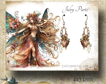 Peut inclure: Une carte d'oreille de 10,16 x 7,62 cm illustrant une fée fantaisiste avec une couronne florale et une paire de boucles d'oreilles pendantes avec des breloques en forme de cœur et des perles. La carte est intitulée "Seraphic Grace" et comprend le site Web "julrypartz.com".