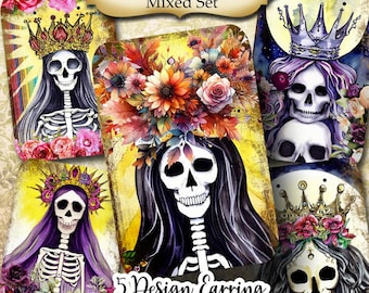 May include: A set of five printable earring cards featuring Day of the Dead themed designs. Each card features a skeleton with a crown and floral accents in vibrant colors like purple, pink, yellow, and orange. The text "Dia de los Muertos Mixed Set" and "5 Design Earring Card Set" is included on the cards.
