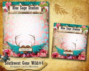 Peut inclure: Une étiquette cadeau imprimable rose et bleue avec un motif d'antlers turquoise et brun, un cœur à imprimé léopard et le texte "Handmade". L'étiquette comprend également le texte "Southwest Gone Wild #4 Designer Card Collection" et le site Web "Yoursocialmedia.com".