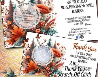May include: Woodland Fall themed scratch-off cards with autumn leaves, mushrooms, and butterflies. The cards say "Thank You" and offer a discount with code THANKS10. The cards are designed for small business orders.