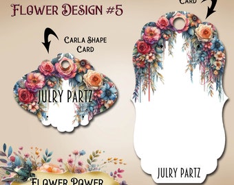 Peut inclure: Deux cartes décoratives avec des motifs floraux. L'une est de forme Carla, l'autre de forme Frolic. Les deux cartes présentent une variété de fleurs dans des tons de rose, d'orange et de bleu. Le texte "Flower Design #5" et "Flower Power Garden Series Collection" est également visible.
