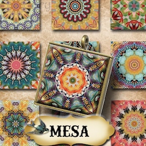 May include: A square pendant with a gold-colored frame, featuring a colorful, intricate mandala design. The pendant is surrounded by smaller square images with similar mandala patterns. A banner with the word "MESA" is at the bottom.