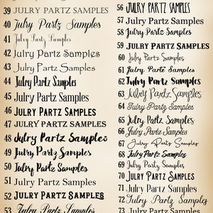 May include: A list of 75 font choices for the name "Julry Partz" with different font styles and variations. The font choices are numbered from 38 to 75.