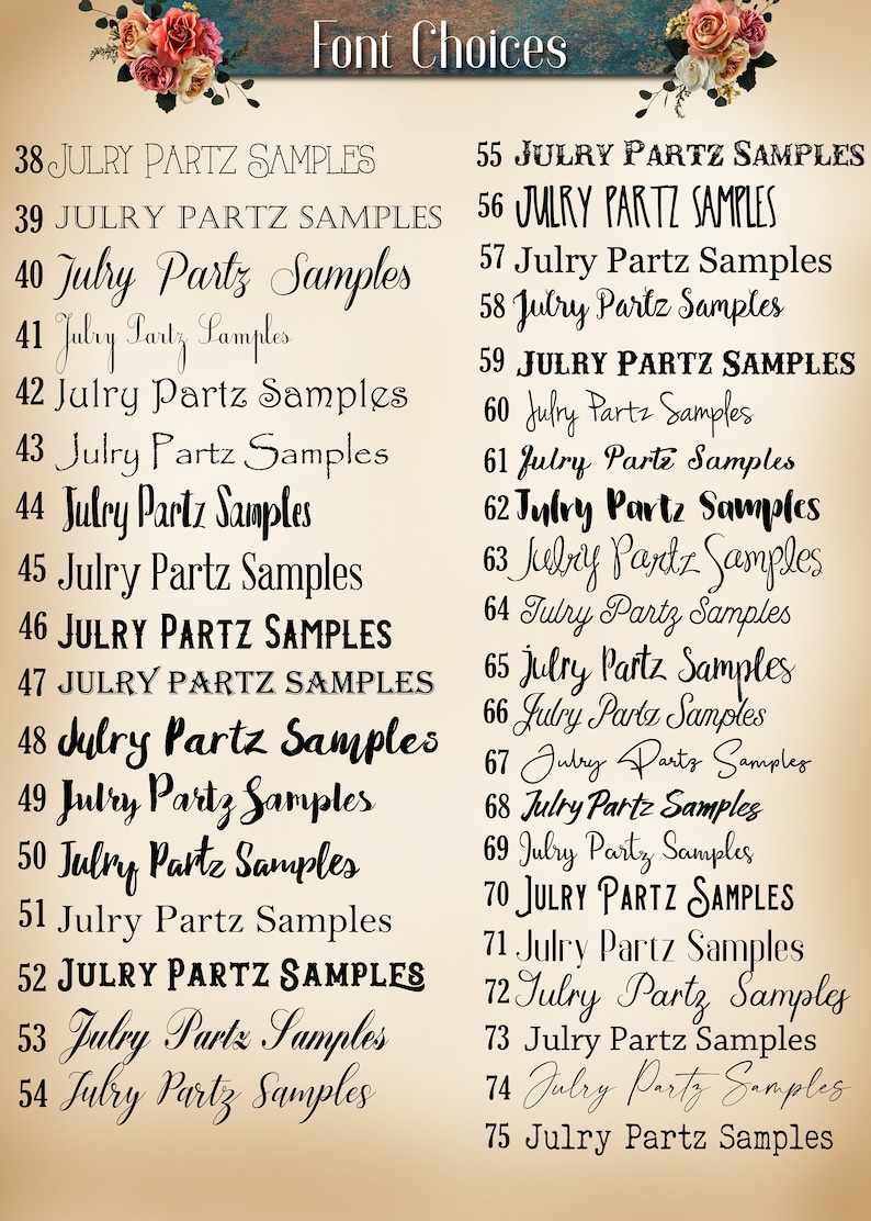 May include: A list of 75 font choices for the name "Julry Partz" with different font styles and variations. The font choices are numbered from 38 to 75.