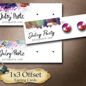 May include: A set of 1x3 offset earring cards with a watercolor design. The cards feature the text "Julry Partz" and the website "julrypartz.com". The cards are designed for displaying earrings and have two holes for attaching earrings.