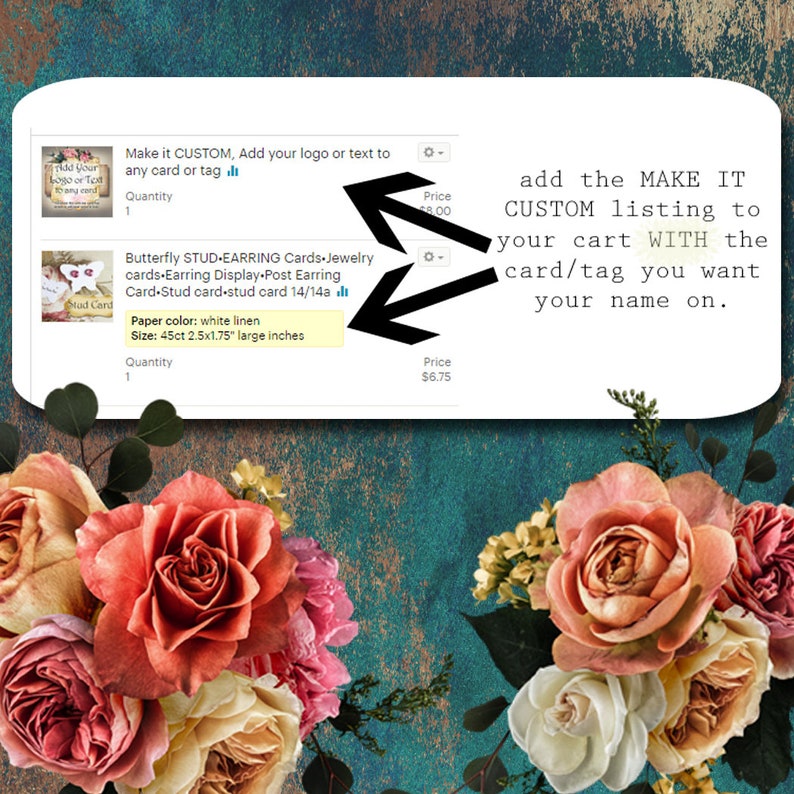 May include: Two product listings for custom butterfly stud earring cards. The first listing is for a card with a logo or text, and the second listing is for a card with a butterfly design. The cards are made of white linen and measure 2.5 inches by 1.75 inches.