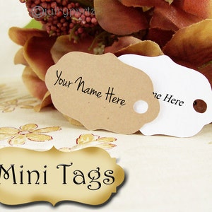 May include: Two mini gift tags, one brown and one white, with a scalloped edge and a hole punched in the top. The tags are blank except for the text "Your Name Here" on the brown tag. The text "Mini Tags" is displayed in a gold frame.