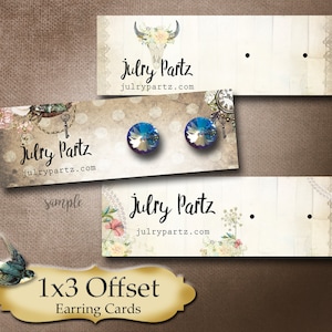 May include: Three earring display cards with a vintage aesthetic. Each card features a floral design, the text "Julry Partz" and the website "julrypartz.com". The cards are designed for 1x3 offset earring display.
