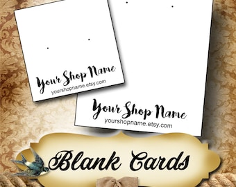 Peut inclure: Cartes vierges avec un design rustique représentant un oiseau et un nœud. Les cartes sont blanches et comportent deux petits points noirs pour les tiges de boucles d'oreilles. Le texte "Your Shop Name" et l'adresse du site Web sont imprimés sur les cartes.