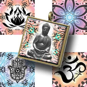 May include: Square pendant with a bronze-coloured frame featuring a seated Buddha image. The background has a peach and teal design. The image is surrounded by other spiritual symbols, including a lotus flower, a Hamsa hand, and the Om symbol.