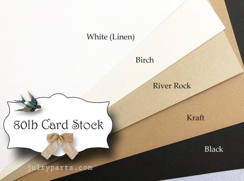 May include: A close-up of five different colors of 80lb card stock. The colors are white (linen), birch, river rock, kraft, and black. The card stock is arranged in a fan shape, with the white card stock at the top and the black card stock at the bottom.