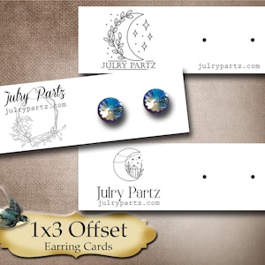 May include: Three blank earring cards with a moon and stars design and the text "Julry Partz" and "julrypartz.com". The cards are 1x3 offset earring cards.