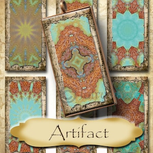 May include: A rectangular pendant with a copper frame and a colorful, abstract design. The design features shades of blue, green, orange, and brown. The pendant is labeled "Artifact".