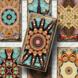 Może przedstawiać: Rektangulny wisiorek z kolorowym wzorem mandali w odcieniach niebieskiego, brązowego, pomarańczowego i zielonego. Wisiorek jest oprawiony w brązową drewnianą ramkę i ma metalową zawieszkę.