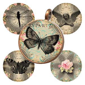 May include: A copper-colored pendant with a butterfly design at the center, surrounded by four smaller circular designs. The smaller designs feature a dragonfly, an angel, a butterfly, and a rose. The text "JULRY PARTZ" is visible.