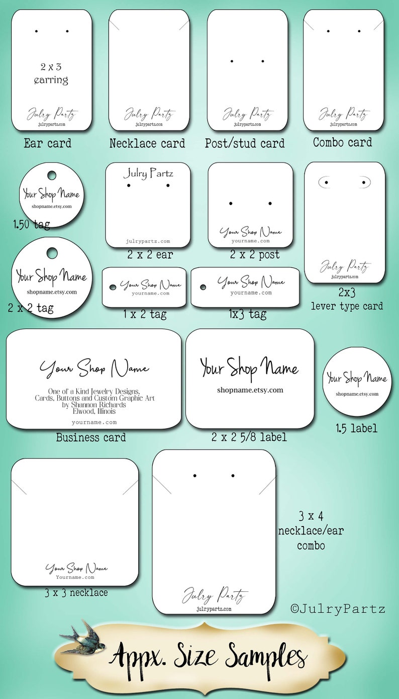 May include: A white card with the text "Julry Party" and "Julryparts.com" printed on it. The card is a template for a necklace display card. The card is 3 inches by 4 inches. The card has two holes for the necklace to go through. The card is blank except for the text and the holes.