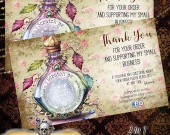 May include: Two rectangular thank you cards featuring a vintage floral background and a purple potion bottle illustration. The bottle has a scratch-off circle with the text Scratch me to see your discount on your next order at julrypartz.com.