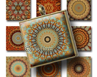 May include: A square pendant with a gold-colored frame and a detailed mandala design in shades of teal, orange, and brown. Surrounding the pendant are smaller square images with similar mandala patterns. The overall design is intricate and symmetrical.