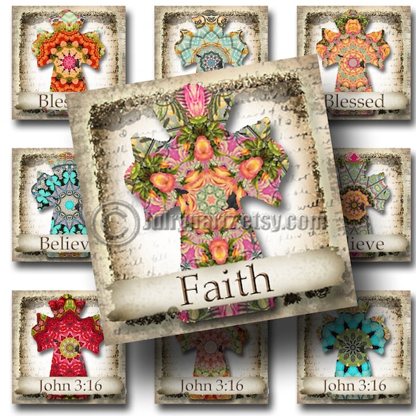 SHABBY FLORAL Cross w/ affirmations, 1x1 square images, Printable Digital Images, Cards