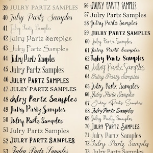 Puede incluir: Una lista de 75 opciones de fuentes para el nombre "Julry Partz" con diferentes estilos y variaciones de fuentes. Las opciones de fuentes est&aacute;n numeradas del 38 al 75.