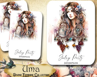 Peut inclure: Une paire de boucles d'oreilles pendantes colorées avec une monture en métal argenté et des perles de verre rouges, violettes et orange. Les boucles d'oreilles sont présentées sur un fond blanc avec une illustration de style aquarelle d'une femme avec une couronne florale.