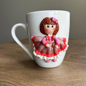 Handmade | Cup with polymer clay decor-Doll in a shiny dress