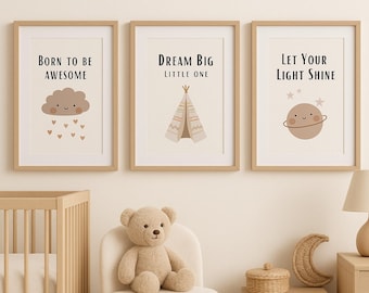 Juego de 3 cuadros neutros para habitación infantil: impresiones con frases inspiradoras para habitación infantil, decoración bohemia para habitación de bebé. Arte neutro para pared, decoración de pared para habitación infantil.