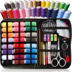 May include: A black zippered sewing kit filled with spools of colorful thread, needles, pins, scissors, and other sewing accessories. The thread colors include red, pink, purple, blue, green, yellow, and gray.