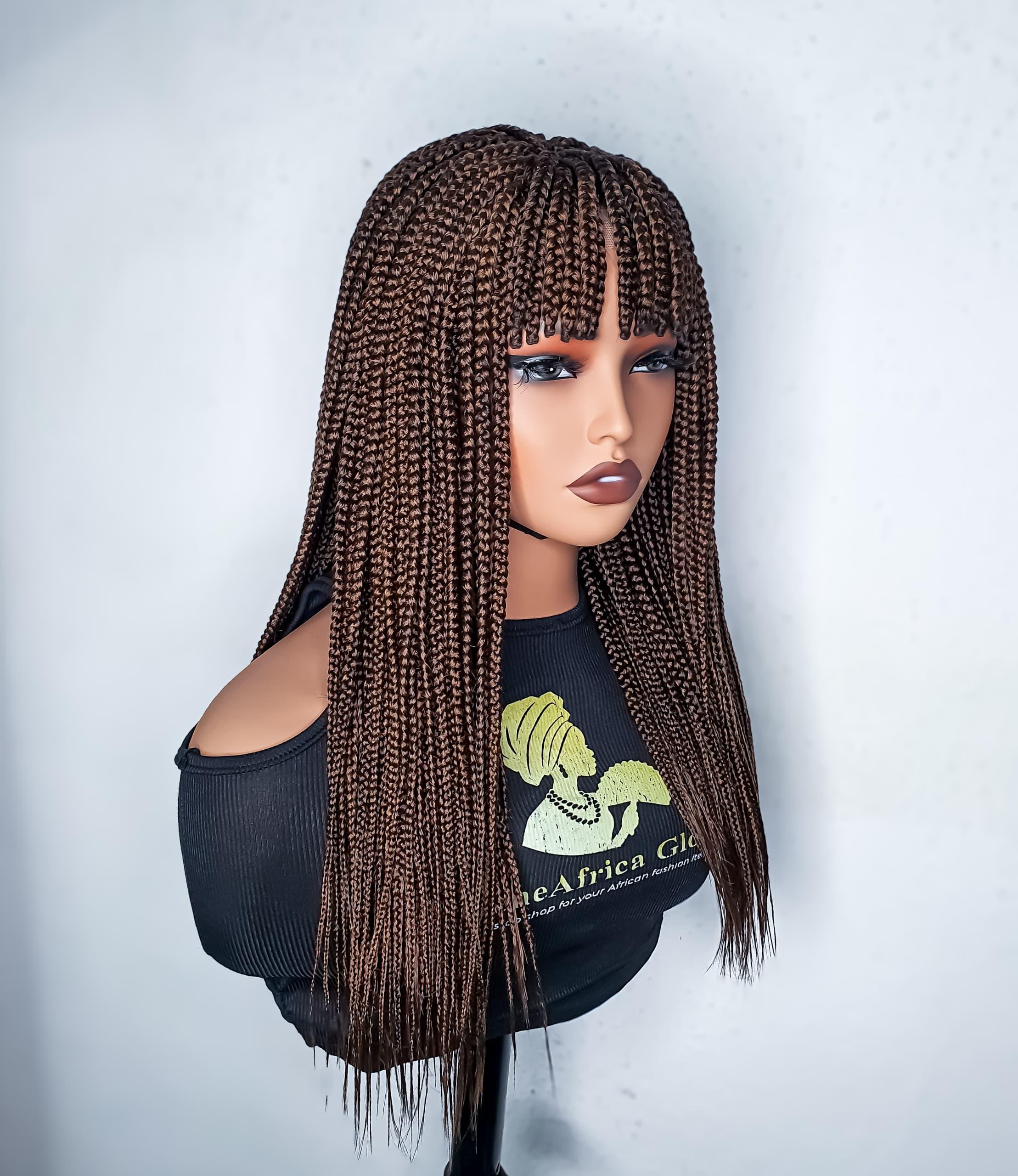 Box Braid Wig With Bangs, 18 Inch Brown Braided Wig, Glueless ...