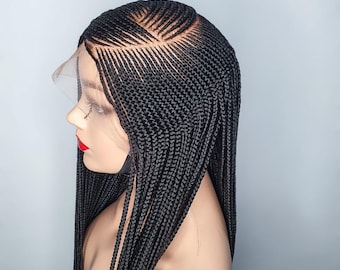 Peluca de trenzas africanas estilo Ghana, peluca larga negra con encaje frontal trenzado