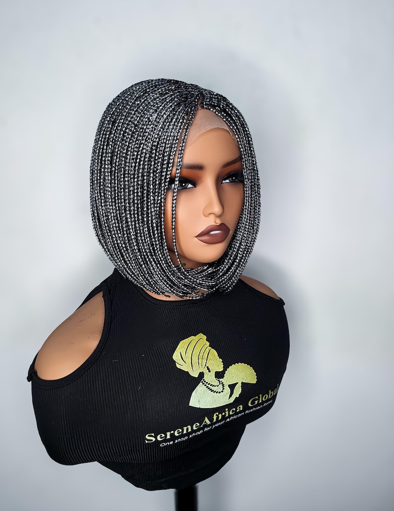 Bob braid wig made on lace closure showing the side view of the wig. The Color is  gray and the length is 10 inches.