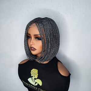 Bob braid wig made on lace closure showing the side view of the wig. The Color is  gray and the length is 10 inches.