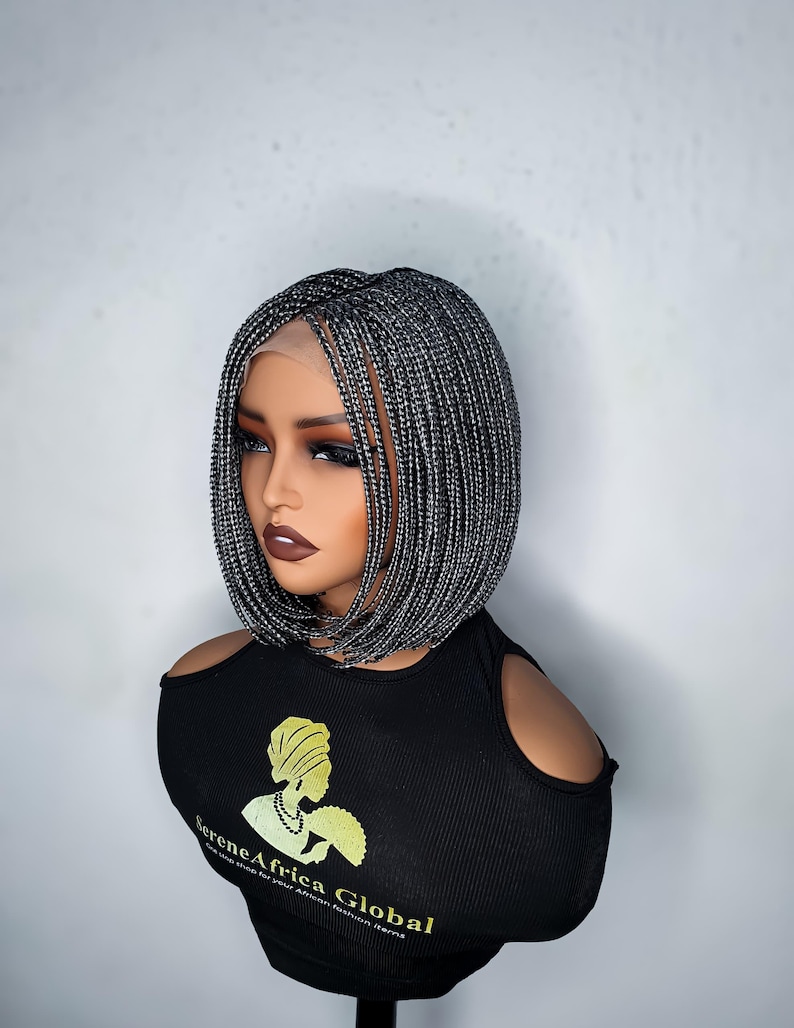 Bob braid wig made on lace closure showing the side view of the wig. The Color is  gray and the length is 10 inches.