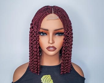Watermelon Burgundy Box Braid Wig: Shoulder Length Lace  display picture 3