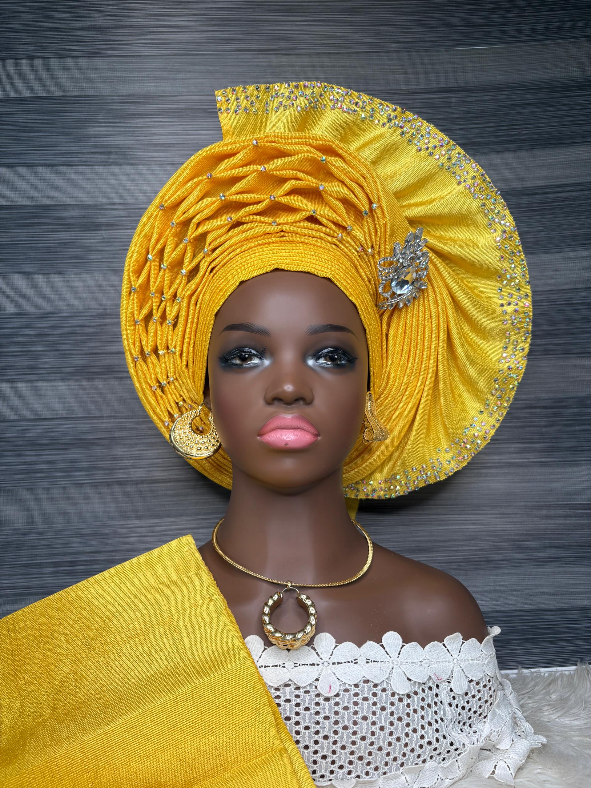Elegant Mustard Yellow Gele Headwrap for Women Amazon.com: African Headties Nigerian Auto Gele Headtie  main image 2