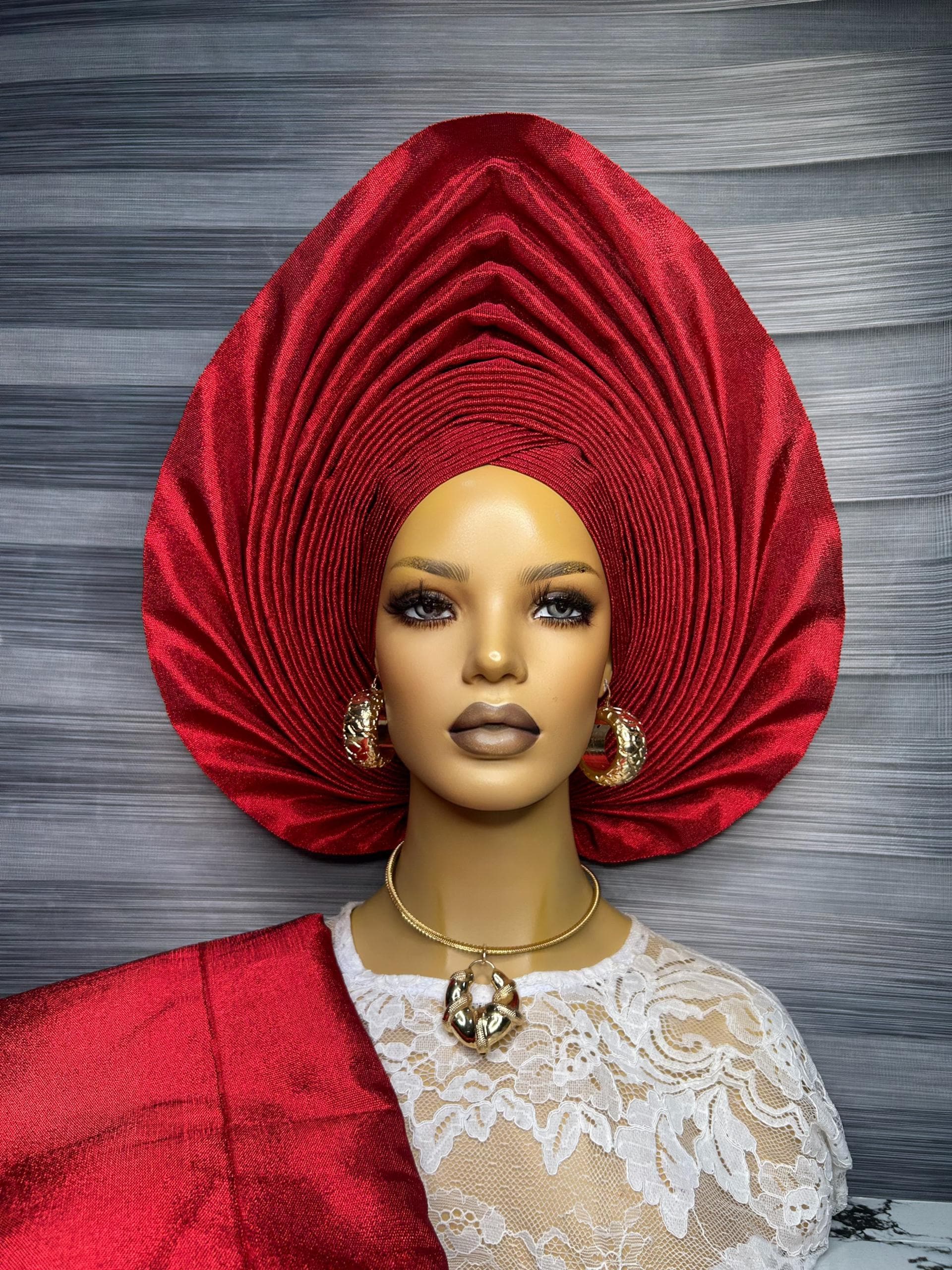 Wine Red Ready to Wear Gele, Asooke Nigerian Headwrap  display picture 2