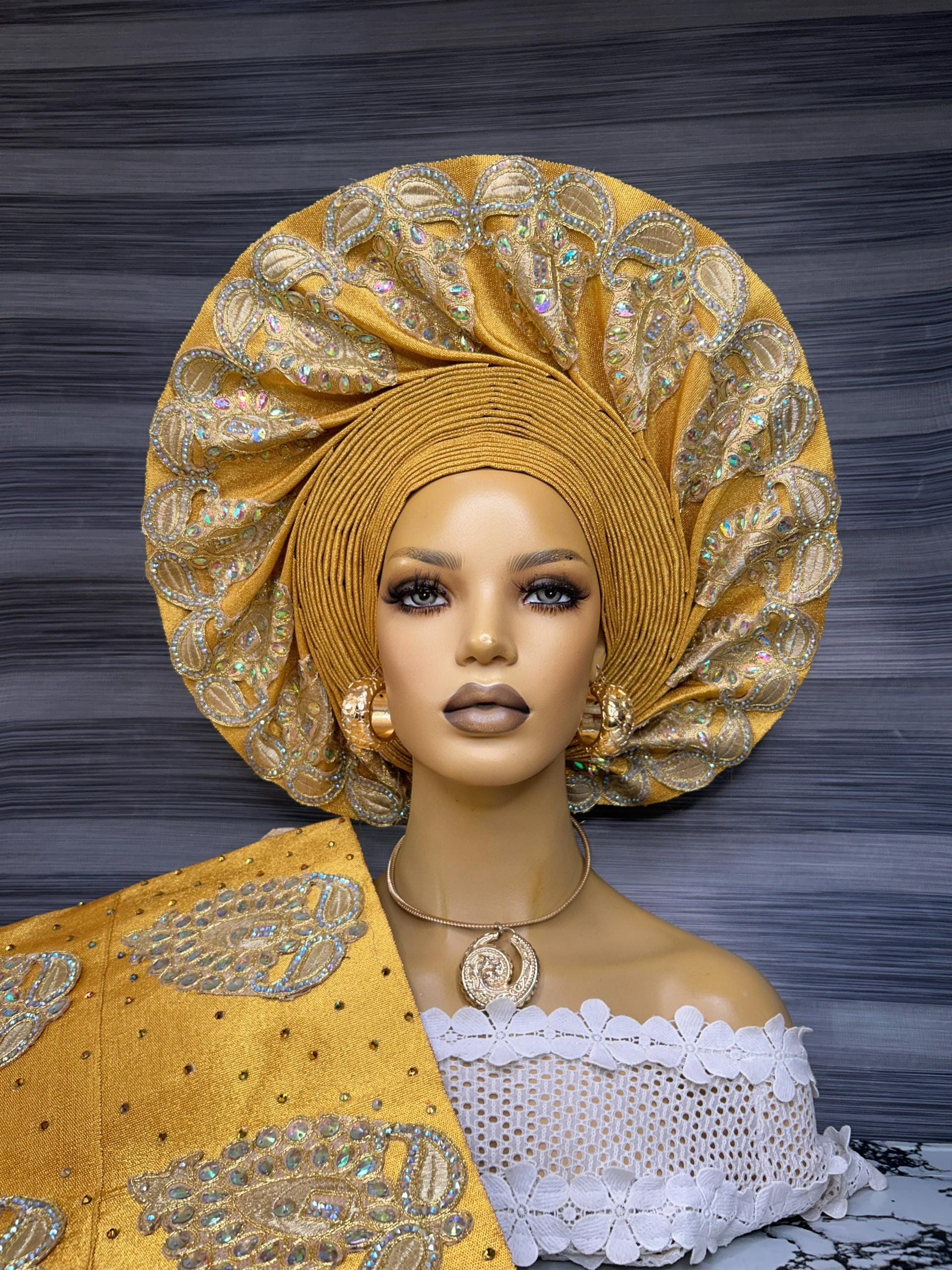 Coral Pink Gold Gele, Ready to Wear Nigerian Headwrap  display picture 3