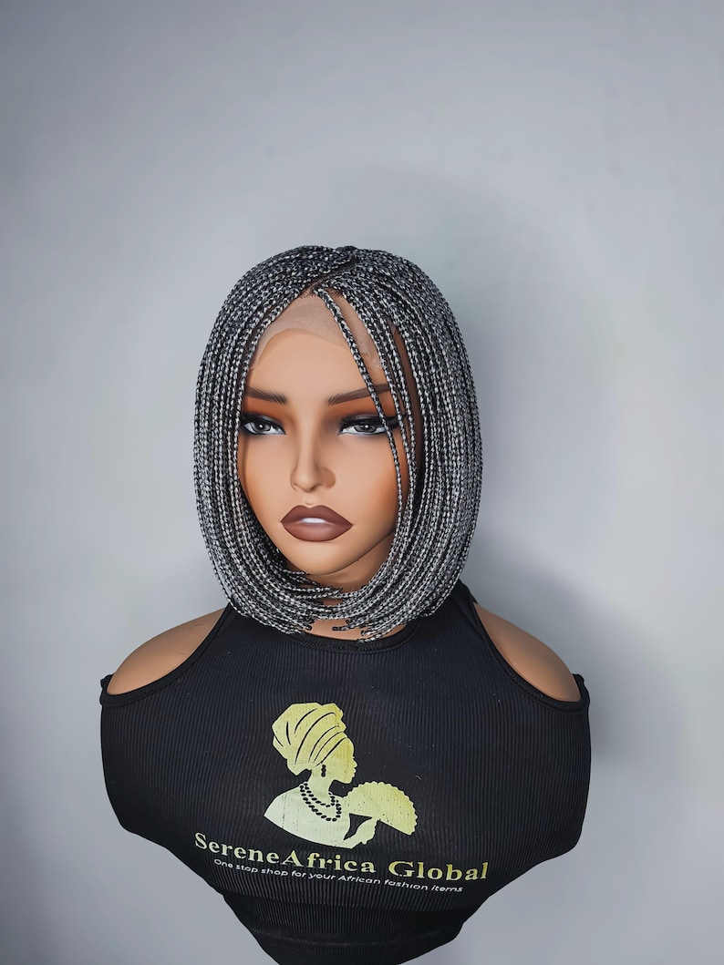 Grey bob braid wig with lace closure, 10 inch neck-length short braided wig for everyday wear showing the front view of the braid
