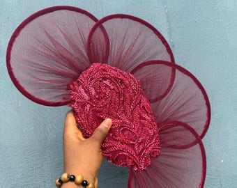 Burgundy Bridal Hand Fan, Net Appliqué Fan, African Wedding Fan, Elegant Asoebi Accessory