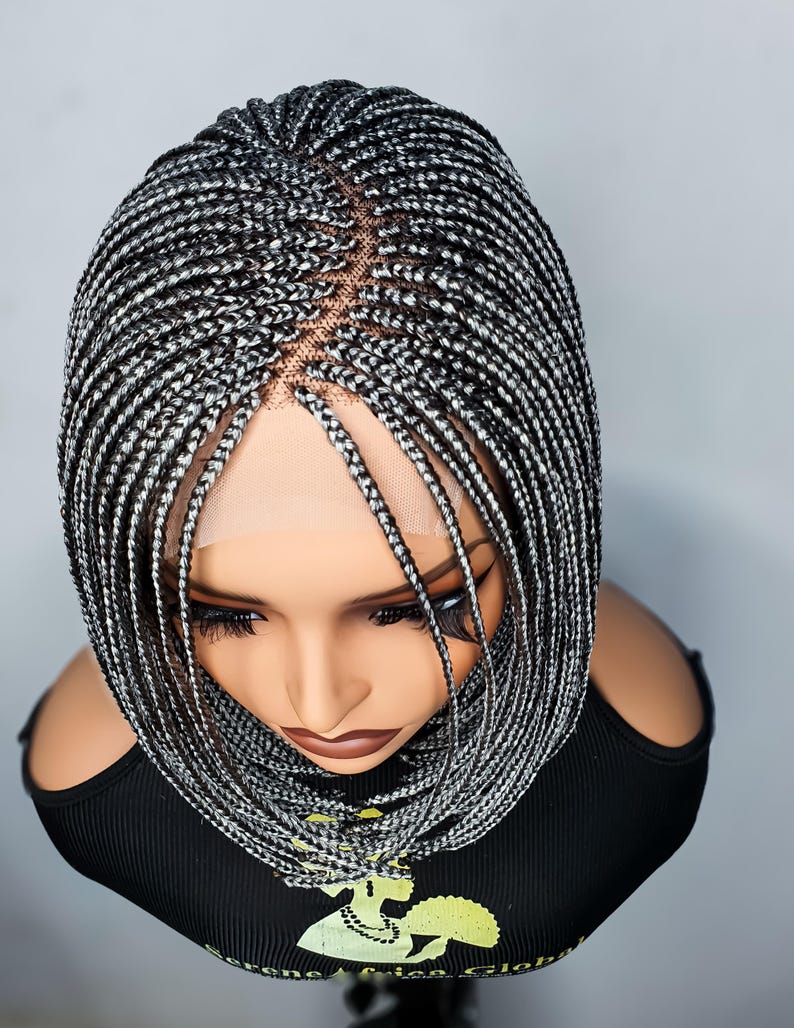 Grey bob braid wig with lace closure, 10 inch neck-length short braided wig for everyday wear showing the closer view of the c-cut.
