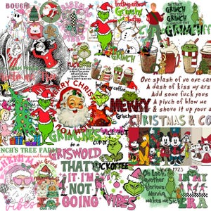 May include: A collage of Christmas-themed graphics and text. The design features Santa Claus, the Grinch, and various holiday phrases. The color palette includes red, green, white, and black, creating a festive and slightly irreverent aesthetic.