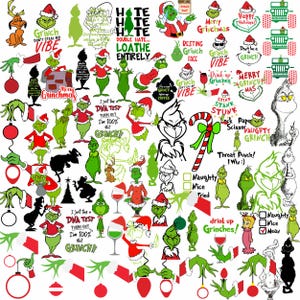 May include: A collection of Grinch-themed Christmas graphics. The images include various Grinch characters, quotes, and holiday elements like Santa hats, candy canes, and wine glasses. The color palette is primarily green, red, and white.