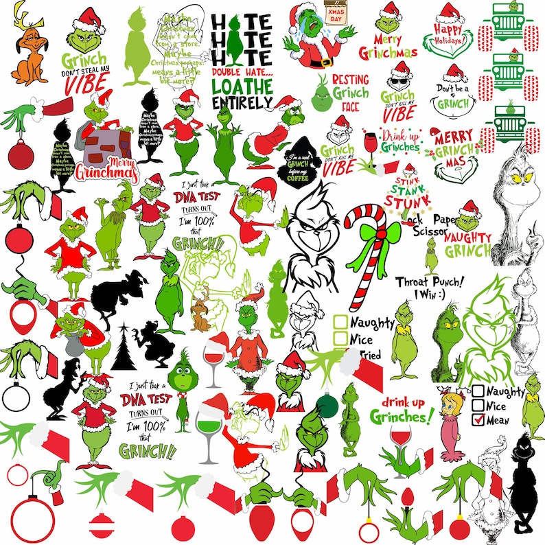 May include: A collection of Grinch-themed Christmas graphics. The images include various Grinch characters, quotes, and holiday elements like Santa hats, candy canes, and wine glasses. The color palette is primarily green, red, and white.
