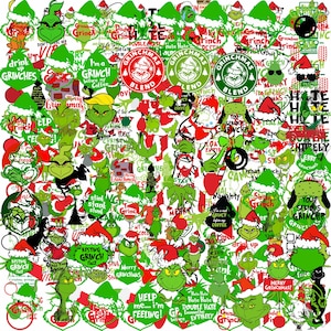 May include: A collage of various Grinch-themed designs, featuring the Grinch in a Santa hat, Christmas trees, and text like "Merry Grinchmas" and "I'm a Grinch before my coffee." The color scheme is predominantly green, red, and white.