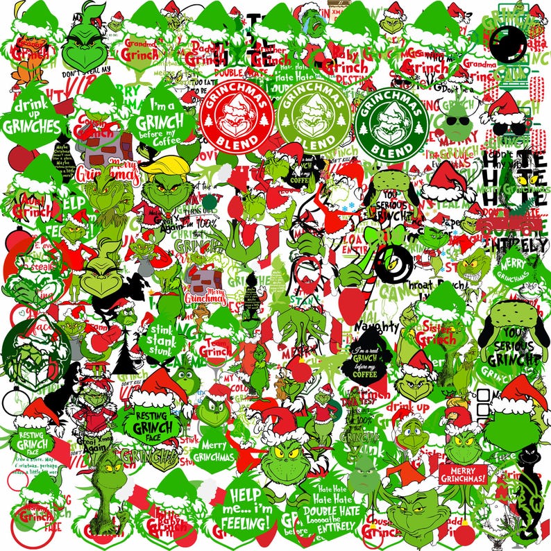 May include: A collage of various Grinch-themed designs, featuring the Grinch in a Santa hat, Christmas trees, and text like "Merry Grinchmas" and "I'm a Grinch before my coffee." The color scheme is predominantly green, red, and white.