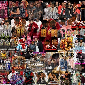 May include: A collage of images featuring multiple male figures, concert posters, and the text "R&B TOUR 2026." The design incorporates various colors, including red, black, and gold, with the names "Usher," "Chris Brown," and "Raymond Brown" prominently displayed.